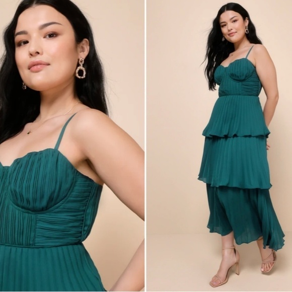 LULUS Prom Wedding Flowy Sexy Boho Tiered Ruffles Bustier Midi Dress - Picture 4 of 6